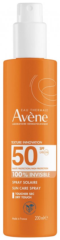 Flacon orange avec bouchon blanc, marqué 'Avène Eau Thermale' et 'SPF 50 100% Invisible'. Contenance 200 ml.