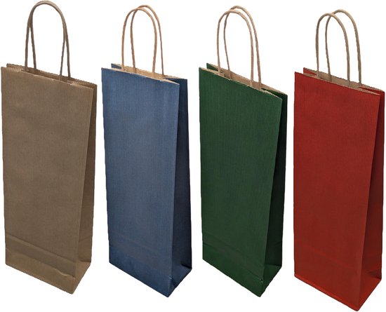 40x Wijntas 14+8x39cm voor 1 Fles bruin rood blauw groen/Flestas papier / Cadeauverpakking /draagtas voor Fles/wijn / Fleszak flessenzakken /k · Fles zak /geschenkverpakkingen