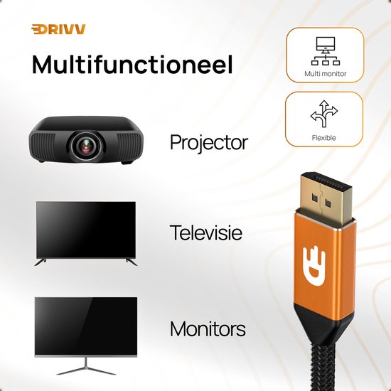 Drivv. Câble Displayport - 8K 60Hz – 4K 144 Hz - 32,4 Go/s - Displayport 1.4 - Câble DP - 2 mètres