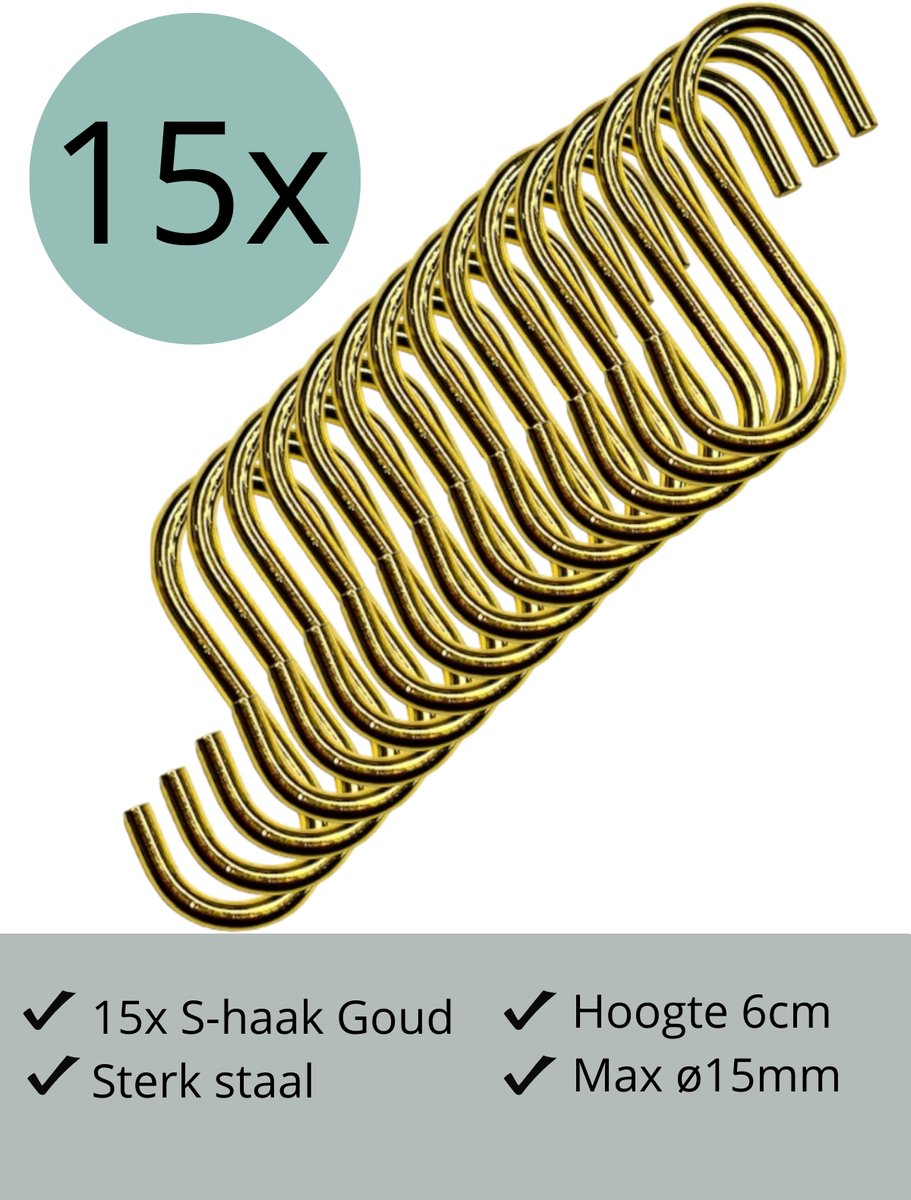 Leathergoodz - 15x S-haakjes Goud - 6cm/klein - ø15mm - ophanghaken - handdoekhaakje - S-haken