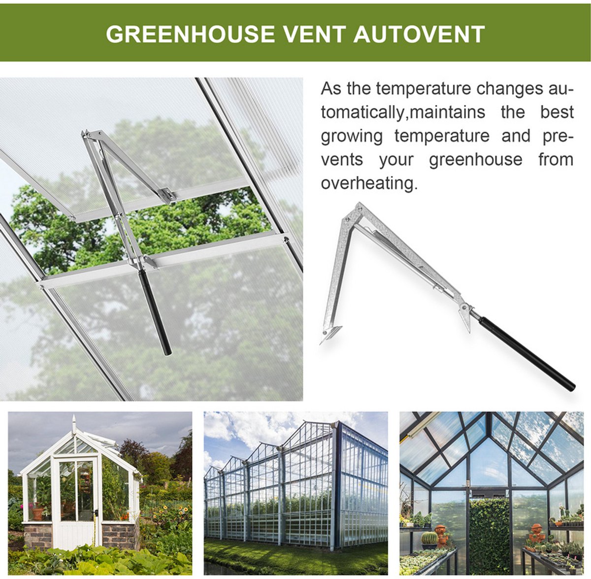 Kas raamopener, automatische ventilatieopener, met veren Aluminiumlegering Zwart tuinieren voor huishoudelijke kas