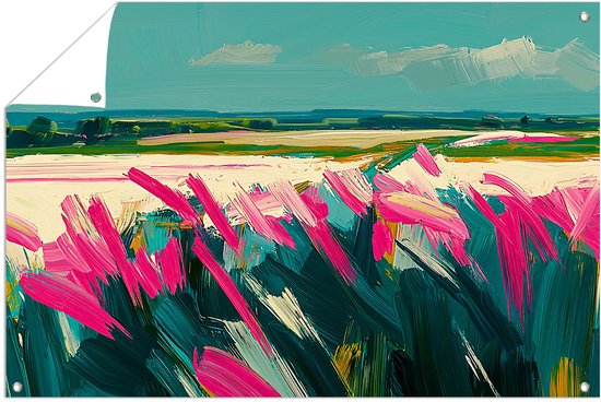 Abstract bloemenveld met kleuren - Bloemen tuinprints - Poster van buiten landschap - Abstract expressionisme - Tuinposter - Kunst voor buiten - tuinposter 90x60 cm