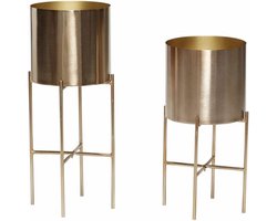 Hübsch 270610 Bloempot op standaard - Set van 2 - ø25xH45cm en ø25xH55cm - Metaal - Goud