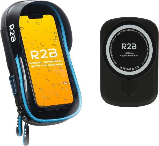 R2B Telefoonhouder Fiets Waterdicht + Powerbank 10.000 mAh - 2 tot 4 keer opladen - Geschikt voor Magsafe - Powerbanks - Gsm Houder Fiets - Fietshouder - Power Bank - Fiets Telefoonhouder - Phone Holder Bike