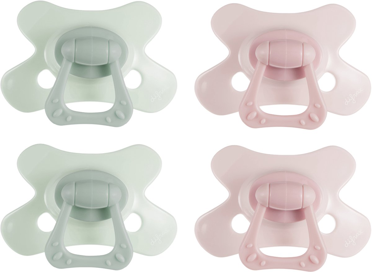 Goedkoopste Difrax Dental Fopspeen 0 tot 6 Maanden - Lichtgroen, Lichtgrijs, Lichtroze, Geel - 4 Stuks, Siliconen Orthodontische Speen