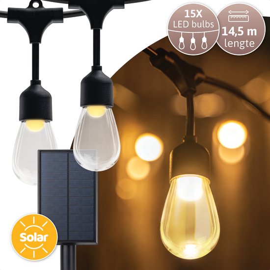 Brendz Solar Lichtsnoer voor Buiten, Party Lights, 14,5m, 15 Lampen, Onbreekbaar, 2500K Warm Wit, Weerbestendig, Lichtslinger, Solar Tuinverlichting Zonne Energie, Djerba