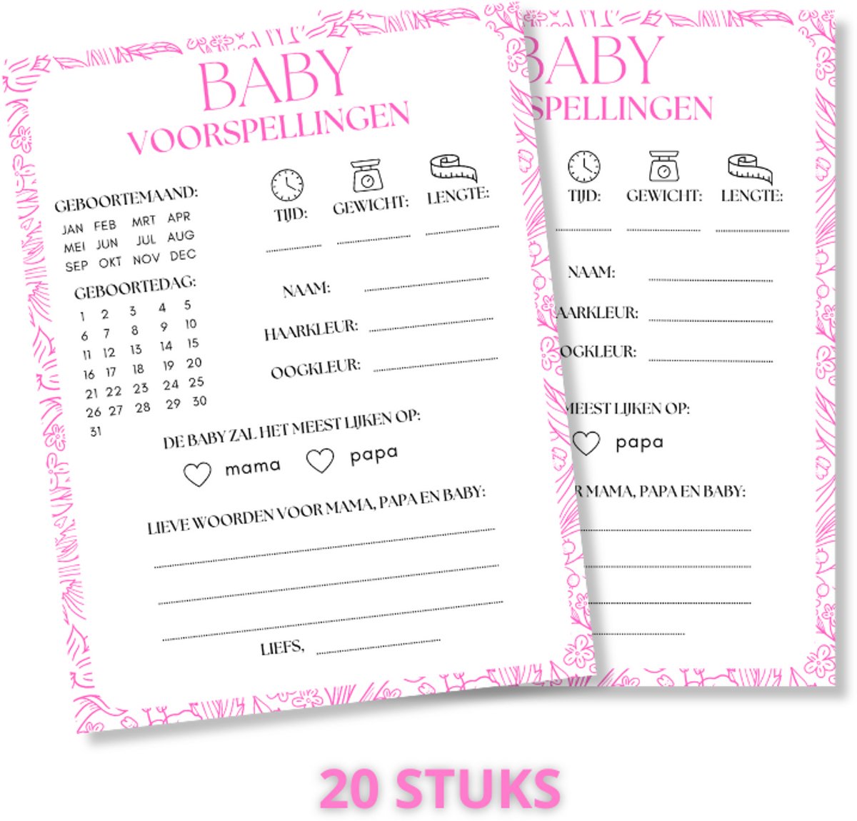 Babyshower Invulkaarten 20 Stuks - Babyshower Voorspellingskaarten - Babyshower Kaarten Meisjes - Roze - Babyshower Spelletjes