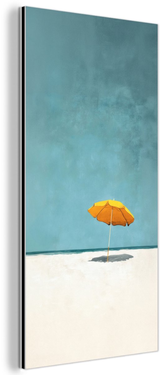 Aluminium schilderij 80x160 cm - Wanddecoratie metaal - Parasol - Geel - Strand - Zee - Me