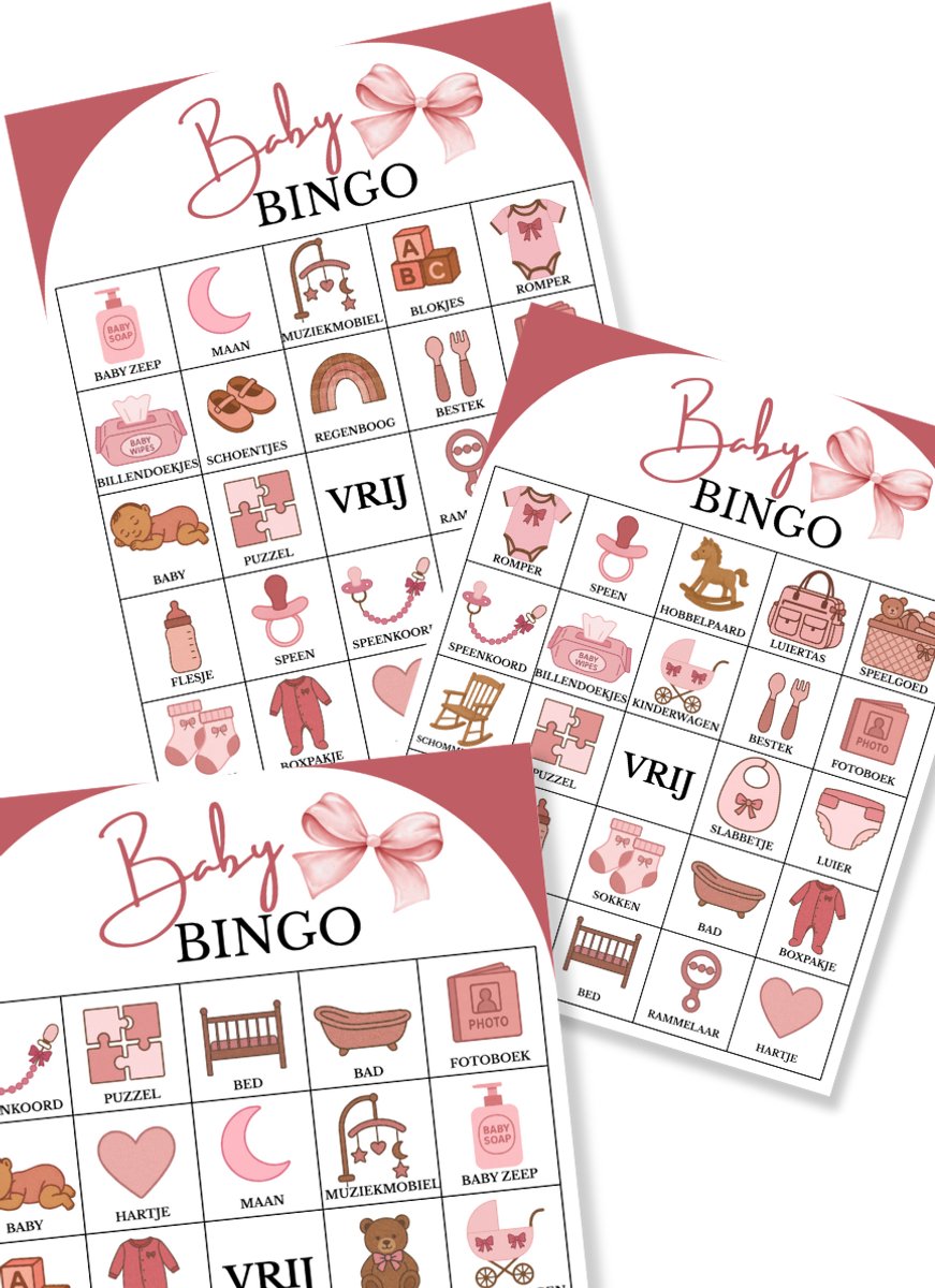 Babyshower Invulkaarten - 20 stuks - Babyshower Spelletjes - Babyshower Bingo - babyshower Meisje Strikjes - Roze