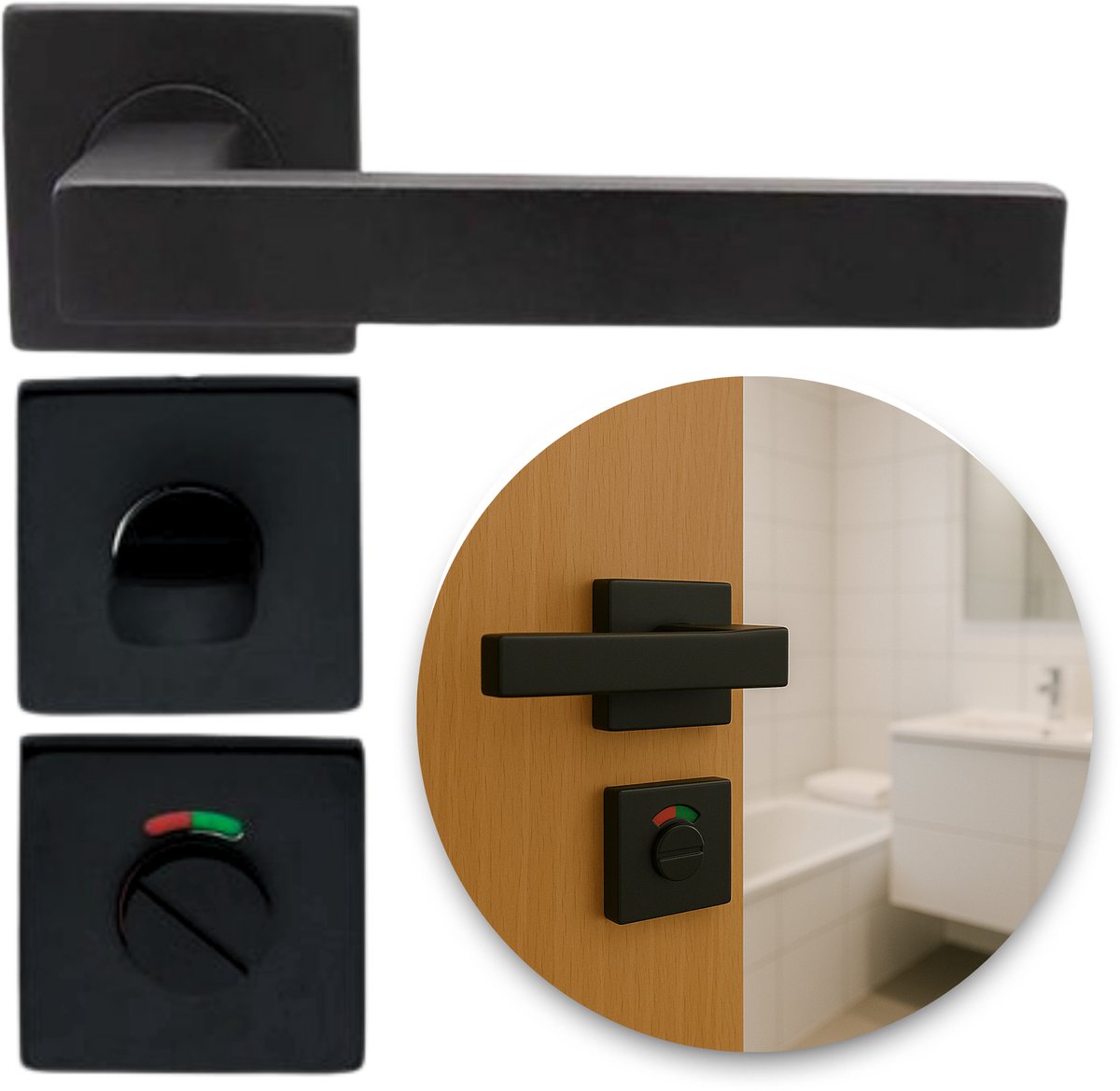 Deurklink Op Vierkant Rozet met Badkamer/WC-Slot - Mat Zwart - Deurkruk - Deurbeslag Set - Incl. Bevestigingsmateriaal - Terugslagveer