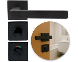 Deurklink Op Vierkant Rozet met Badkamer/WC-Slot - Mat Zwart - Deurkruk - Deurbeslag Set - Incl. Bevestigingsmateriaal - Terugslagveer