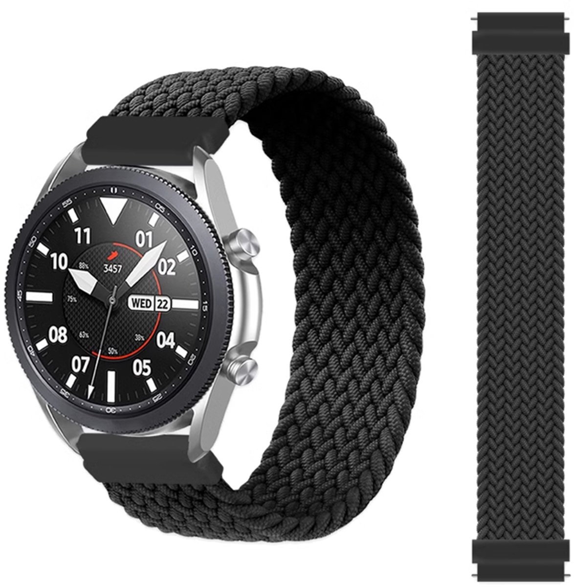 Stravo 20mm Geweven Nylon Solo Loop Zwart Band - Maat L - Geschikt voor Samsung Galaxy Watch 7/6/5/Pro/4/3/Active 2, Polar Ignite/Unite, Garmin Vivoactive 5/3, Forerunner 245, Huawei