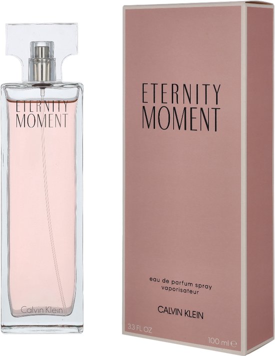 Calvin Klein Eternity Moment vaporisateur eau de parfum 100 ml pour femme dans une boîte rose.