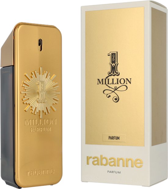 Gouden fles Paco Rabanne 1 Million Parfum met donkergrijs glas, naast een gouden doos.