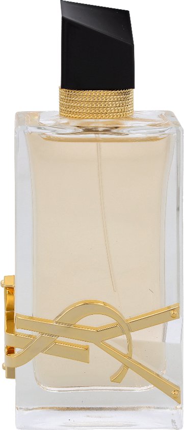 Glazen parfumfles met gouden 'YSL'-logo, gouden geciseleerde hals en zwarte schuine dop.