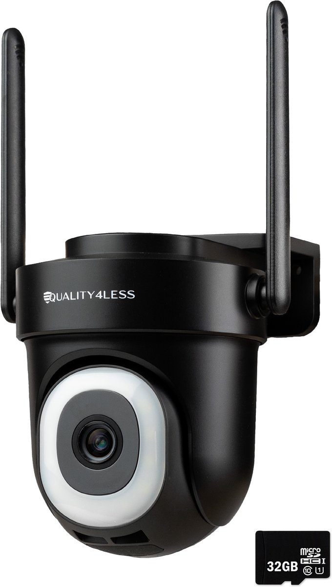 Quality4Less™ - Beveiligingscamera voor buiten - 360° Draaibaar - 5MP Ultra HD - Buiten camera met nachtzicht - Werkt met wifi en app - Camerabewaking - Incl. 32GB SD-Kaart - Zonder abonnement - Zwart