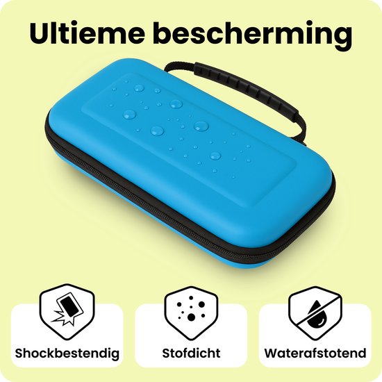 Blauwe Nintendo Switch case met druppels erop, wat de waterafstotendheid aangeeft.