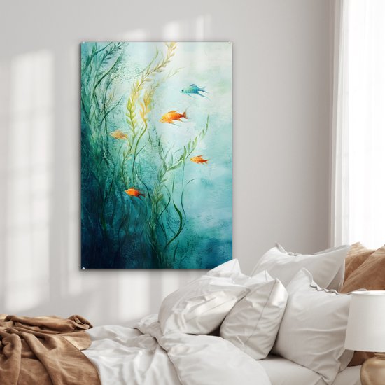 MuchoWow® Glasschilderij 60x90 cm - Schilderij acrylglas - Waterplanten - Vissen - Kleurrijk - Water - Foto op glas - Muurdecoratie woonkamer - Wanddecoratie slaapkamer - Schilderijen