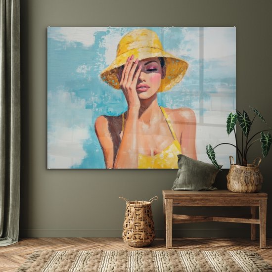 MuchoWow® Peinture sur verre 160x120 cm - Peinture sur verre acrylique - Peinture - Femme - Chapeau - Jaune - Photo sur verre - Décoration murale salon - Décoration murale chambre - Peintures