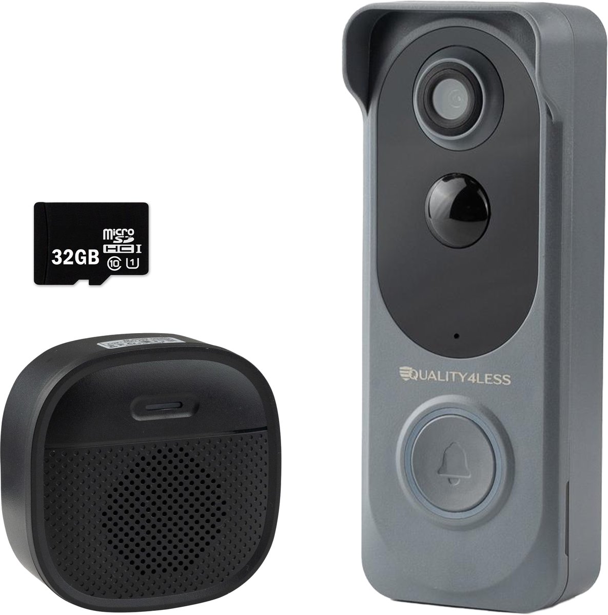 Quality4Less™ - Slimme Draadloze Video Deurbel met camera - Ultra HD - Wifi deurbel - Zonder abonnement - Incl. draadloze gong en 32GB SD-Kaart - Grijs - Quality4Less™ - €79,95