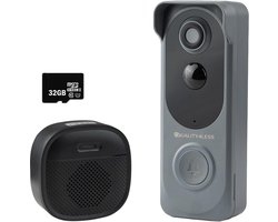 Quality4Less™ – Slimme Draadloze Video Deurbel met camera – 3MP Ultra HD – Wifi deurbel – Zonder abonnement – Incl. draadloze gong en 32GB SD-Kaart – (T-ring geluid) – Grijs