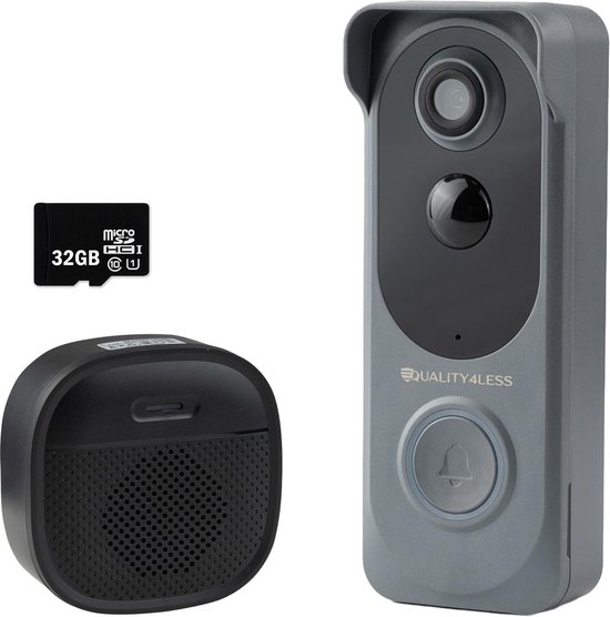 Quality4Less™ - Slimme Draadloze Video Deurbel met camera - Incl. draadloze gong en 32GB SD-Kaart - Ultra HD - Wifi deurbel - Geen abonnement nodig - Grijs