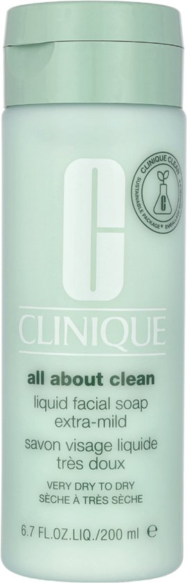 Lichtgroene fles met Clinique logo. "all about clean" liquid facial soap extra-mild.