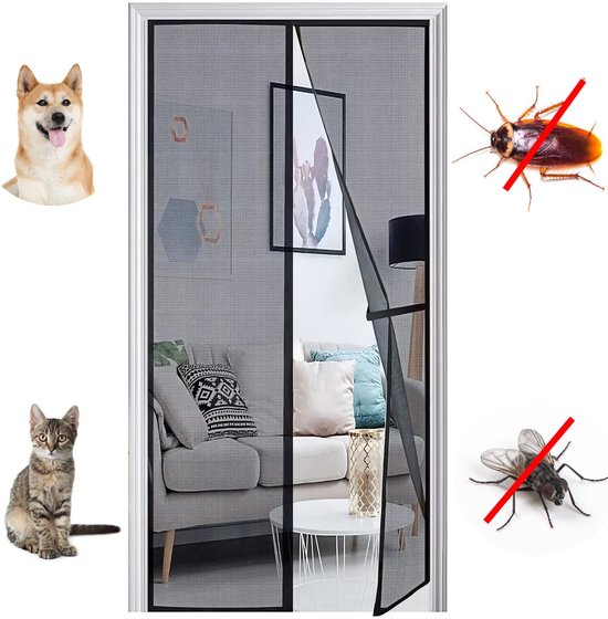 Magnetische Hordeur 100 x 235 cm Hordeur, magneet, automatisch sluiten, met klittenbandsluiting met volledig frame, voor balkondeur, keuken, woonkamer, terrasdeur - (Grijs