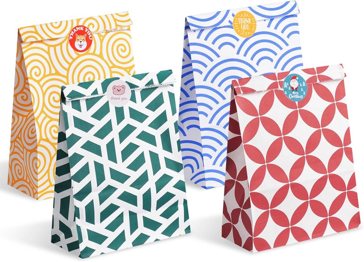 Middelgrote papieren geschenkzakken in verschillende kleuren - 48 stuks met stickers voor feestelijke gelegenheden