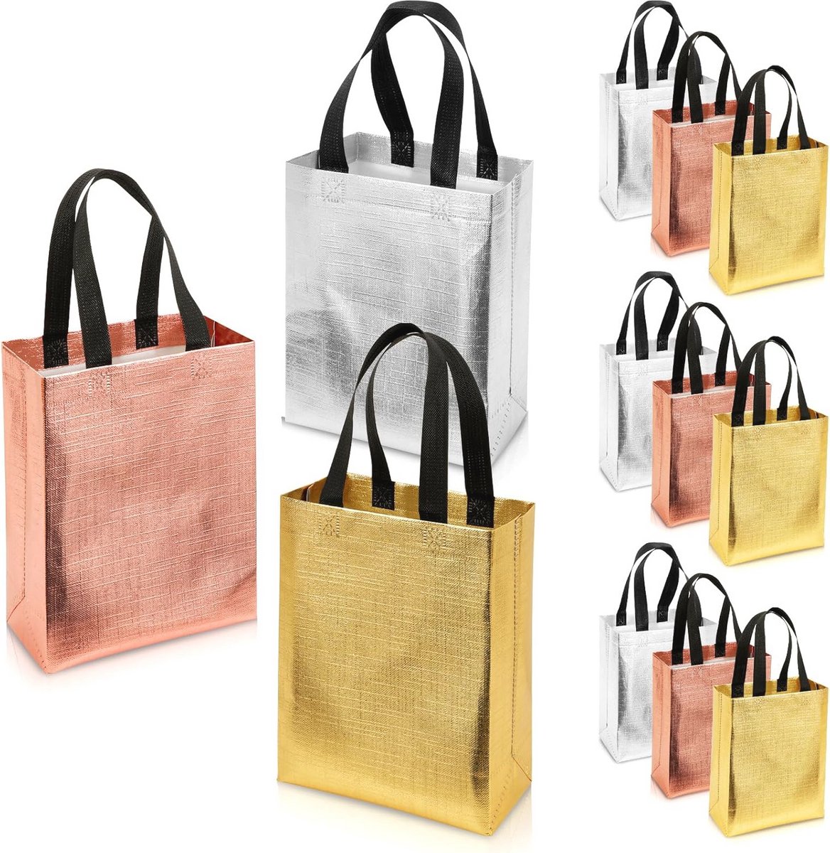 Herbruikbare Geschenkzakjes - 12 Stuks Grote Verjaardagszakjes met Glanzend Metallic Oppervlak in Roségoud, Zilver en Goud