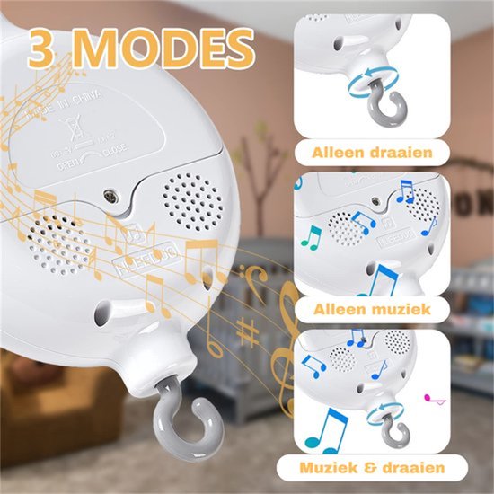 Draaiende Witte Muziek Mobiel - Slaapliedje - Babymobiel - 360 Graden Draaiend - Muziek Box - Geschikt voor de Wieg - Ideaal als Cadeau voor Babyshowers en Gender Reveal Parties van Bearsu — afbeelding 2