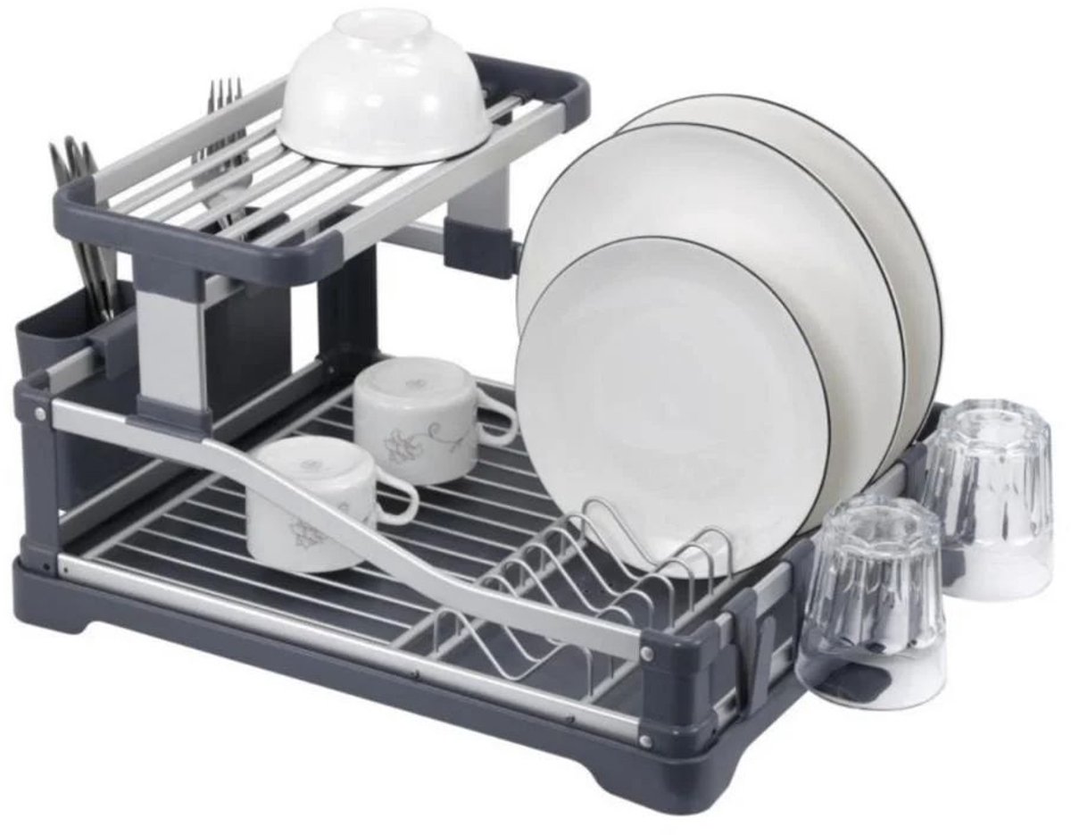 Bavary Afdruiprek met Lekbak - Afwasrek - Met Bestekhouder - 2 Laags - Aluminium - Zilver/Grijs