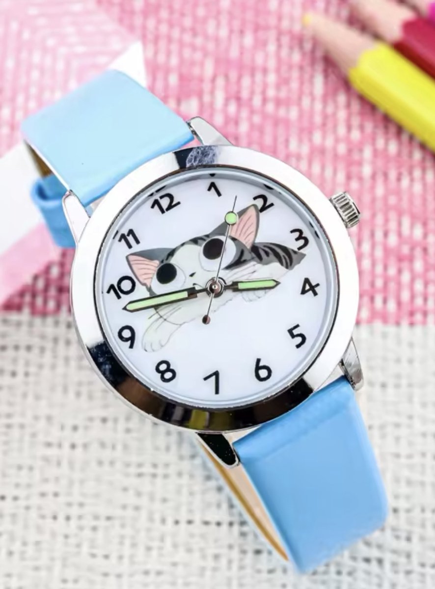 Poezen horloge blauw bandje