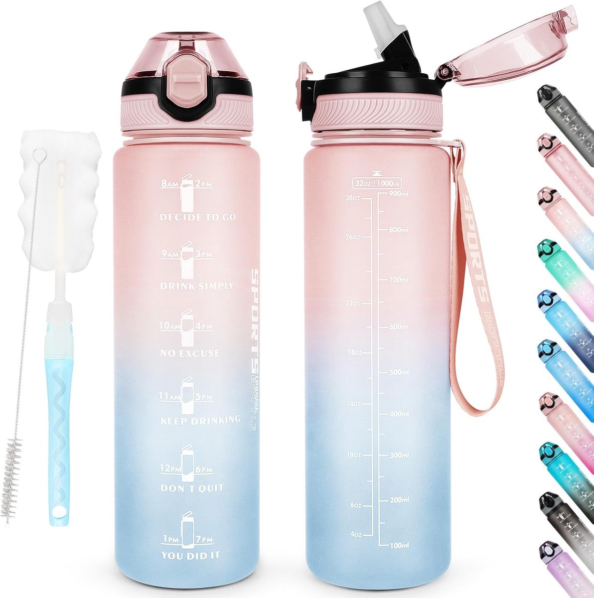 Famanu - Waterflessen van 1 l, BPA-vrij, sportdrinkfles met rietje, vaatwasbestendig, vergrendelbaar dopje, lekvrij, motiverende fles met tijdmarkeringen, niet giftig, veldfles, Roze blauw