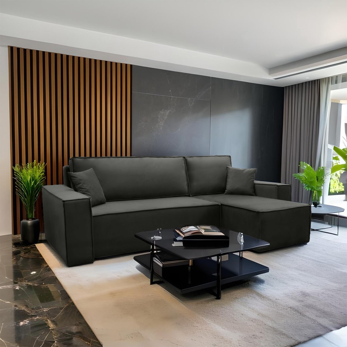 Hoekbank Frenkie - Universeel - Velvet - Zwart - Fluweel - Slaapbank met opbergruimte - Lounge Links of Rechts - Direct Leverbaar - Hoekzetel - Chaise longue - Zetel met slaapgedeelte - 3 zits - Zitcomfort Medium
