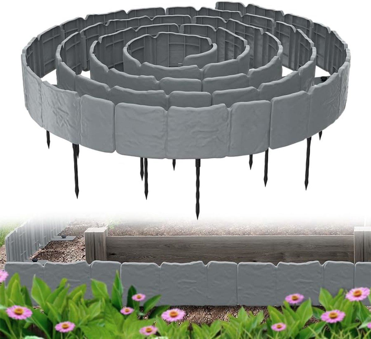 Aufun 2,5m Borderrand Kunststof tuinranding (beetinfassung) - Steenlook - Maaikant met grondnagels - Decoratieve palisade voor bloementuinen - 10 stuks (25x23cm LxH) - Grijs