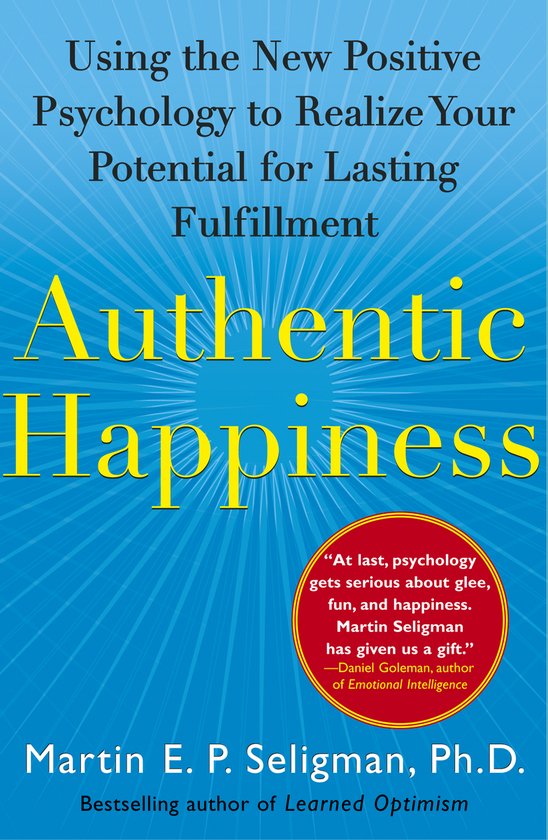 Boekomslag 'Authentic Happiness' met gele titel op blauwe, stralende achtergrond.