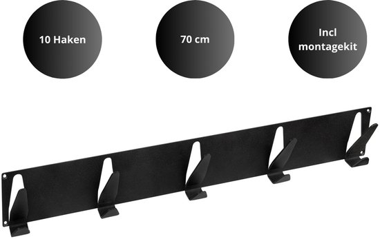 Een zwarte, metalen wandkapstok met tien haken, 70 cm breed, inclusief montagekit.