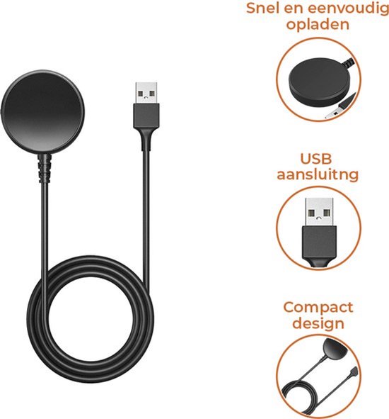 Zwarte draadloze smartwatch oplader met USB-kabel. Illustraties tonen snel opladen, USB aansluiting en compact design.