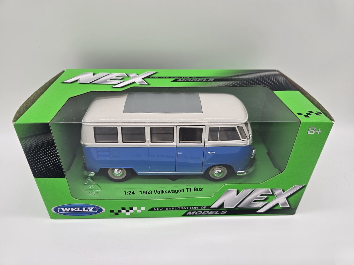 1963 Volkswagen - T1 NEX bus - VW blauw en wit modelauto - Welly