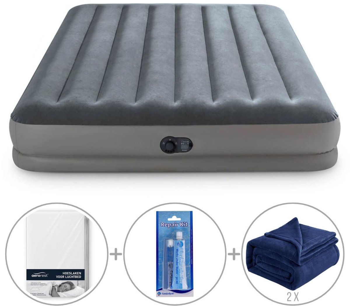 Intex Prestige Mid-Rise luchtbed | Tweepersoons | 203 x 152 x 30 cm | Inclusief reparatiekit + hoeslaken + twee fleecedekens