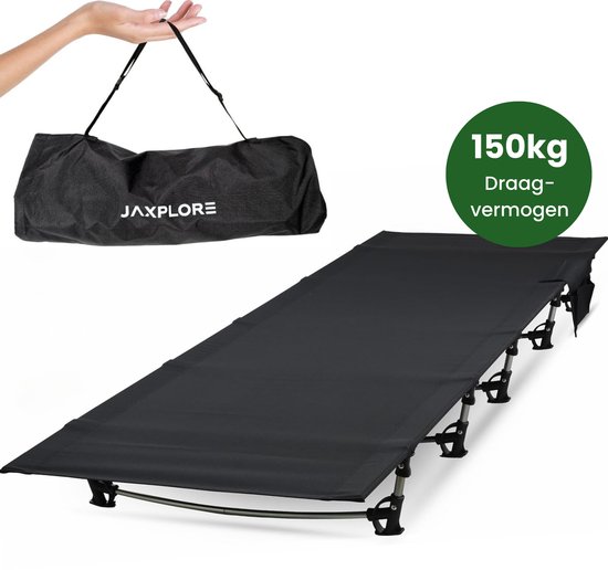 Lit de camp JAXPLORE - Lit de camping - Capacité de charge de 150 kg - 2,2 kg - Incl. Sac de rangement - 193x65x16cm - Chaise longue - Zwart