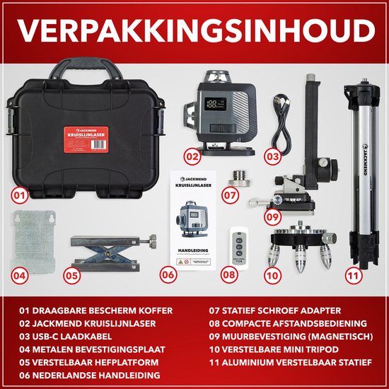 Verpakkingsinhoud JACKMEND kruislijnlaser: koffer, laser, USB-C kabel, muurbevestiging, hefplatform, statief.