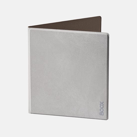Lichtgrijze, magnetische BOOX e-reader hoes, half open met bruine binnenzijde.