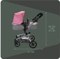 Lichtroze poppenwagen met verstelbare duwstang (48-81 cm) en 57 cm breedte.