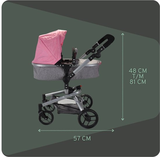 Lichtroze poppenwagen met verstelbare duwstang (48-81 cm) en 57 cm breedte.