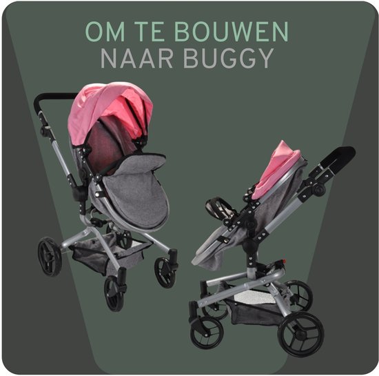 Om te bouwen van poppenwagen naar buggy, lichtroze en grijs.