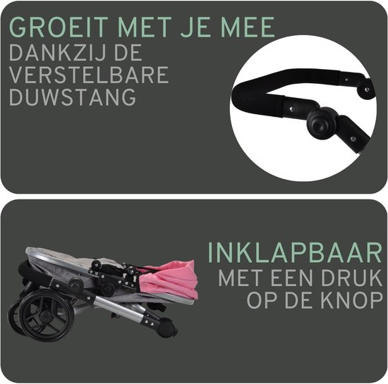 Verstelbare duwstang en inklapbaar met één druk op de knop.