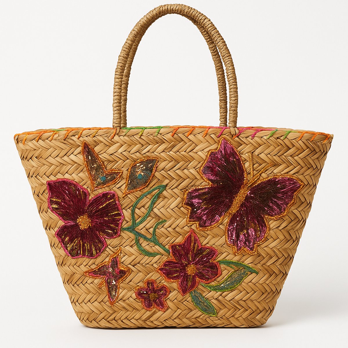Butterfly Breeze Rieten Tas – Handgemaakte Strandtas met Vlinderborduursel | MAPSY