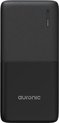 Zwarte Auronic powerbank van 20.000 mAh met textuur bovenzijde en LED-indicatoren.
